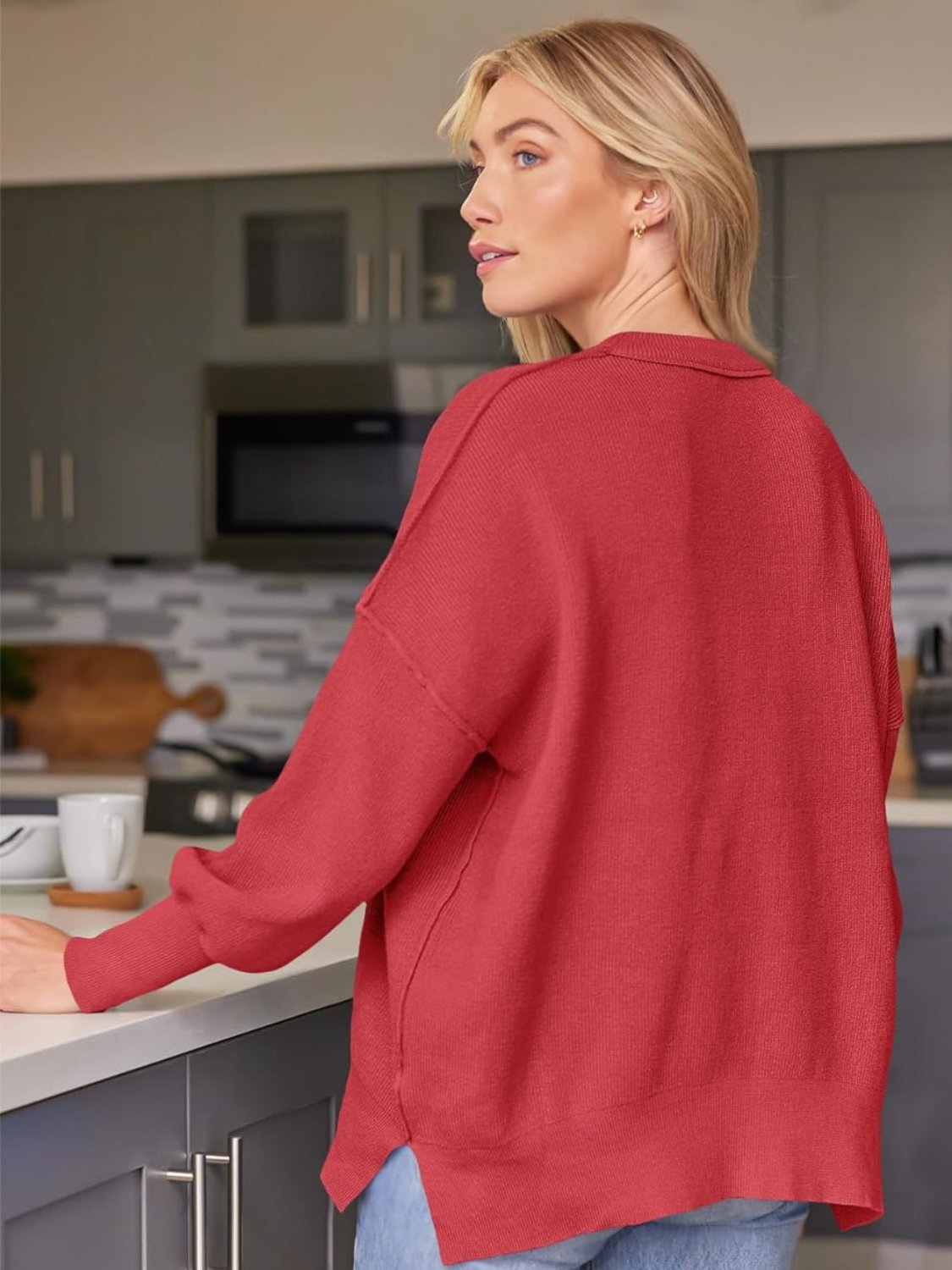 Ribbed Knit Batwing Sweater For Woman - Image 2