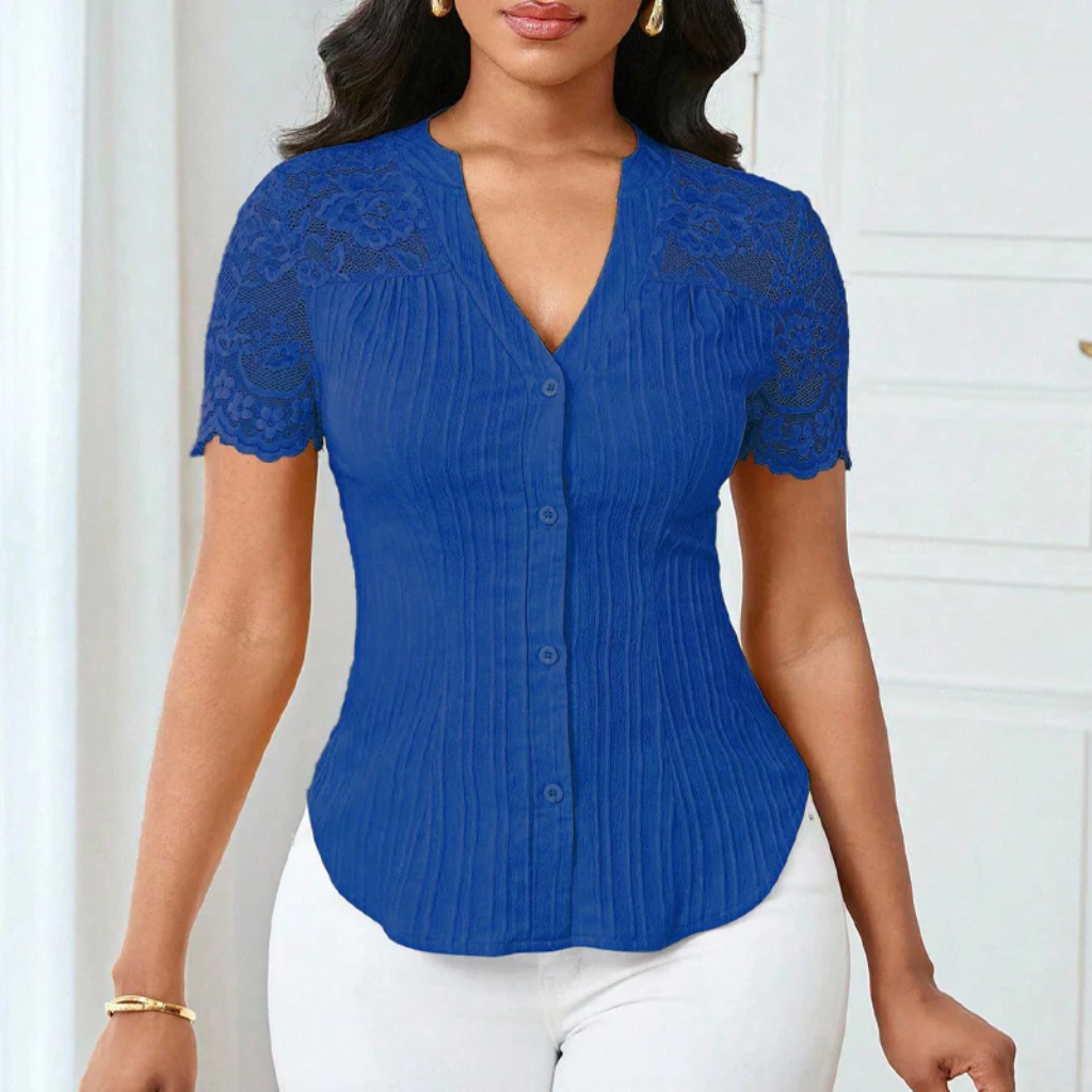 Ribbed Knit Button Down Top With Lace Sleeves - Image 10