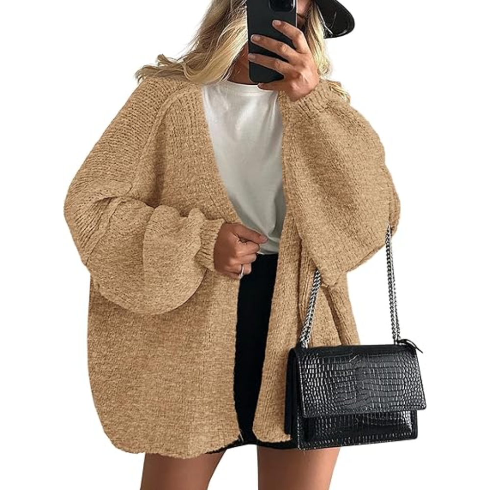 Oversized Open Front Lantern Sleeve Cardigan - Image 15