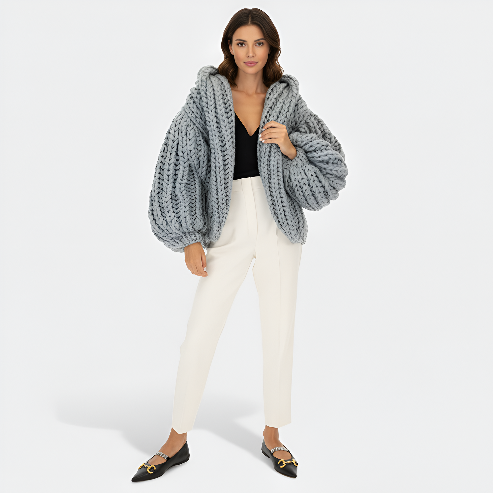 Oversized Cable Knit Hooded Open Front Cardigan For Women - Image 4