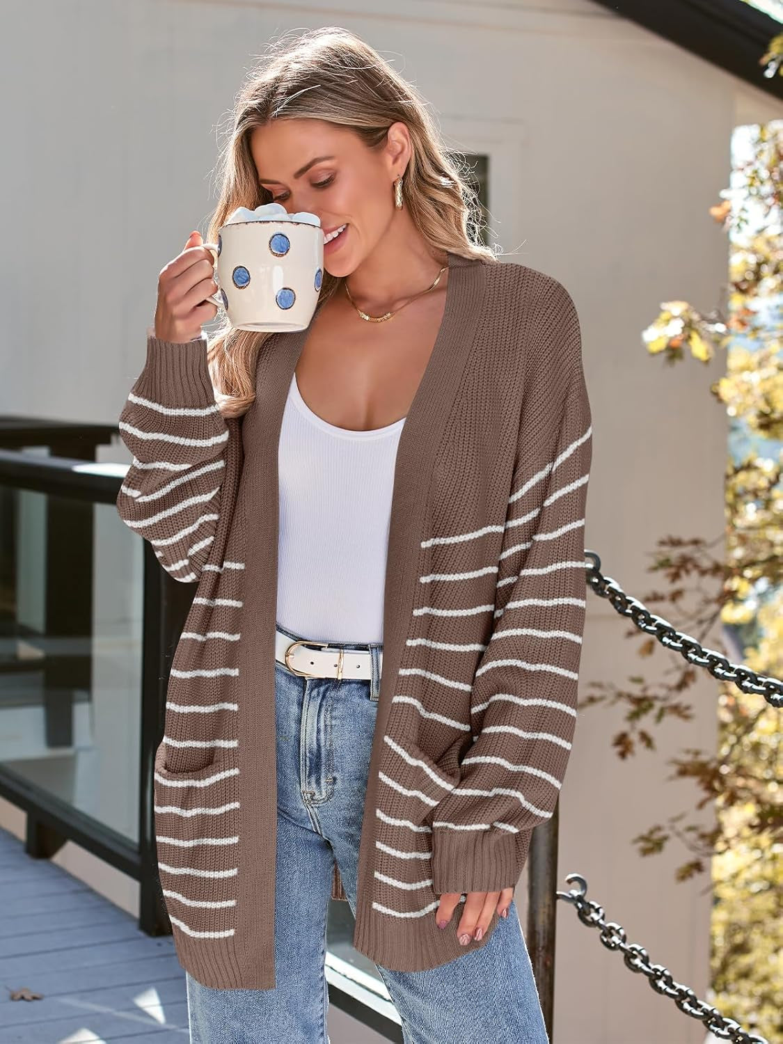 Oversized Striped Knit Cardigan With Pockets - Image 2