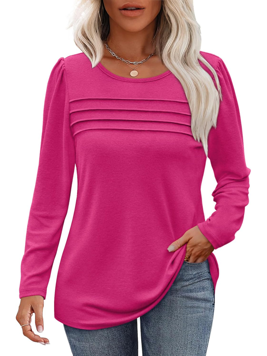 Casual Long Sleeve Pleated Pullover Top - Image 9