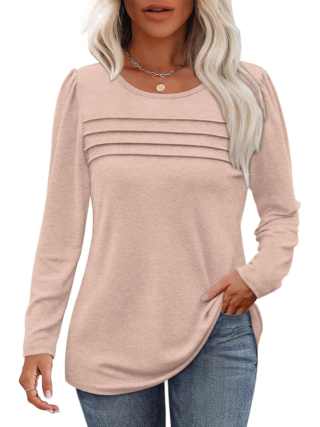 Casual Long Sleeve Pleated Pullover Top - Image 14