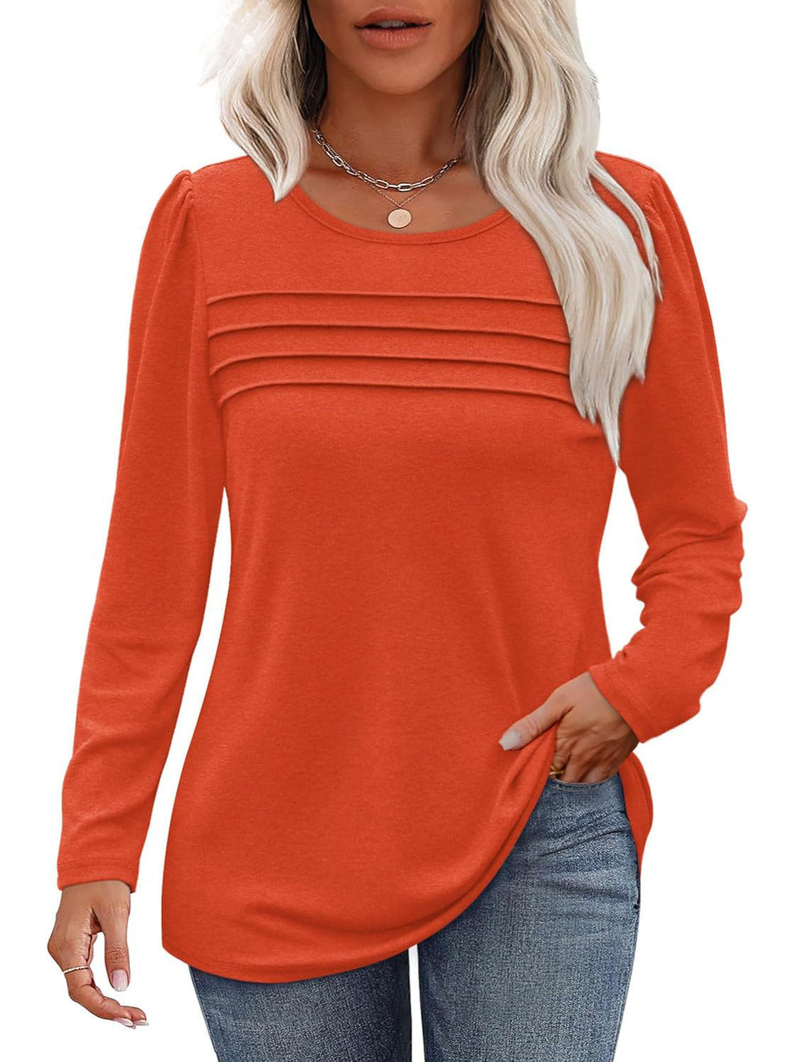 Casual Long Sleeve Pleated Pullover Top - Image 12