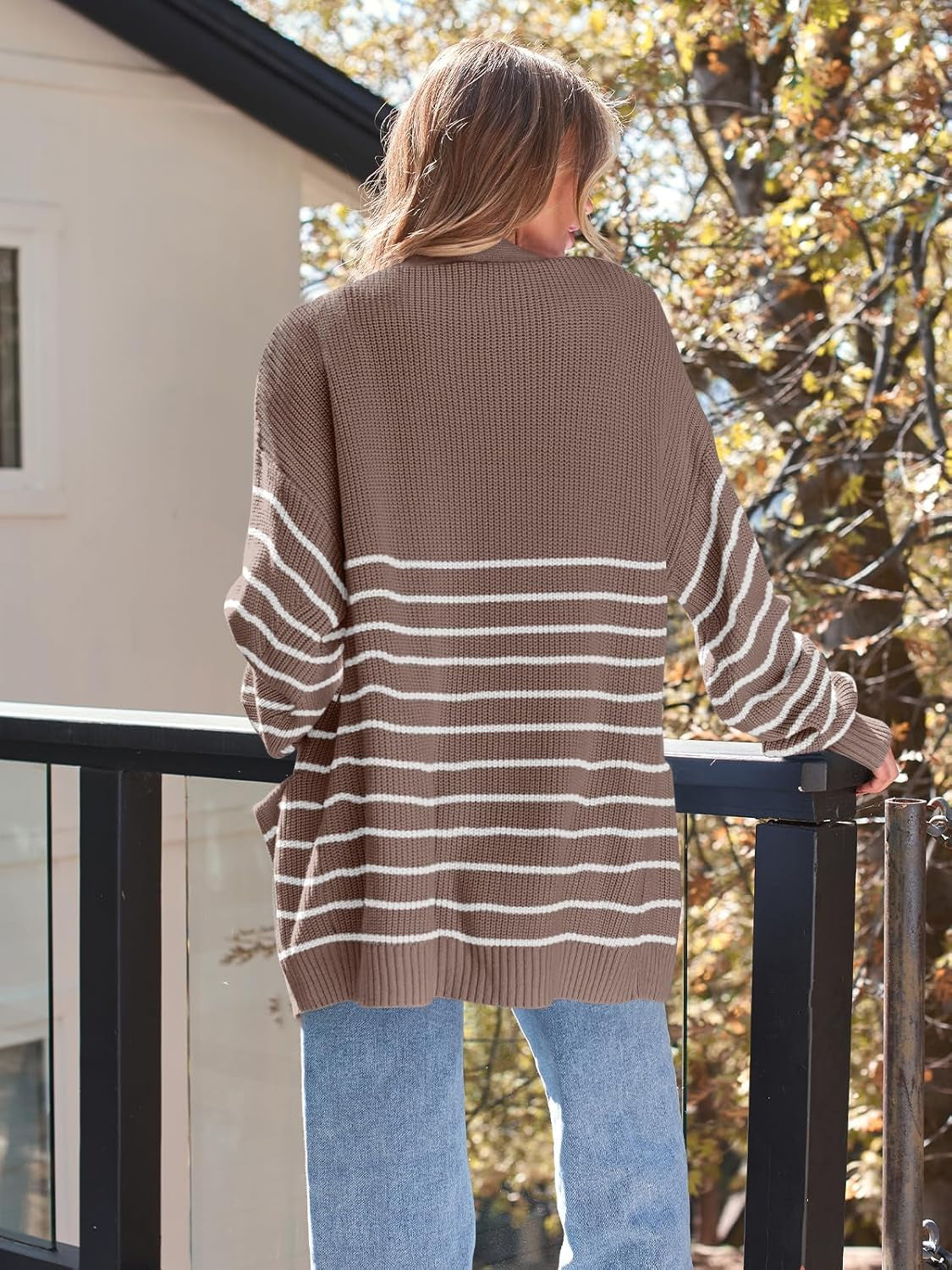 Oversized Striped Knit Cardigan With Pockets - Image 4