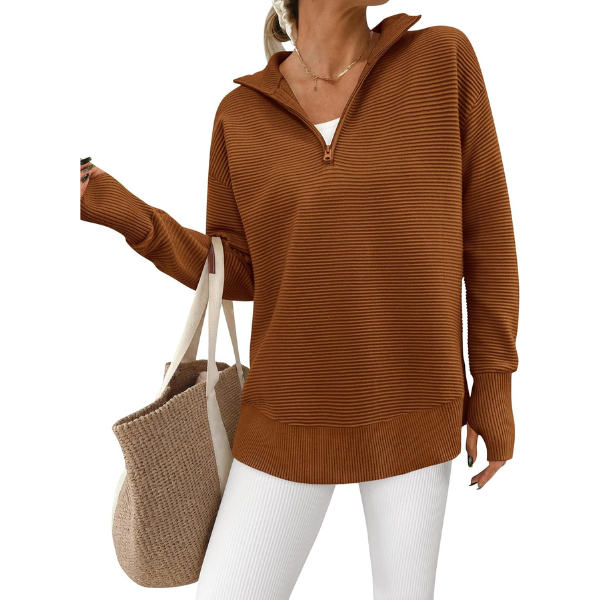 Casual Long Sleeve Quarter Knit Zip Up Sweater Top For Women - Image 16