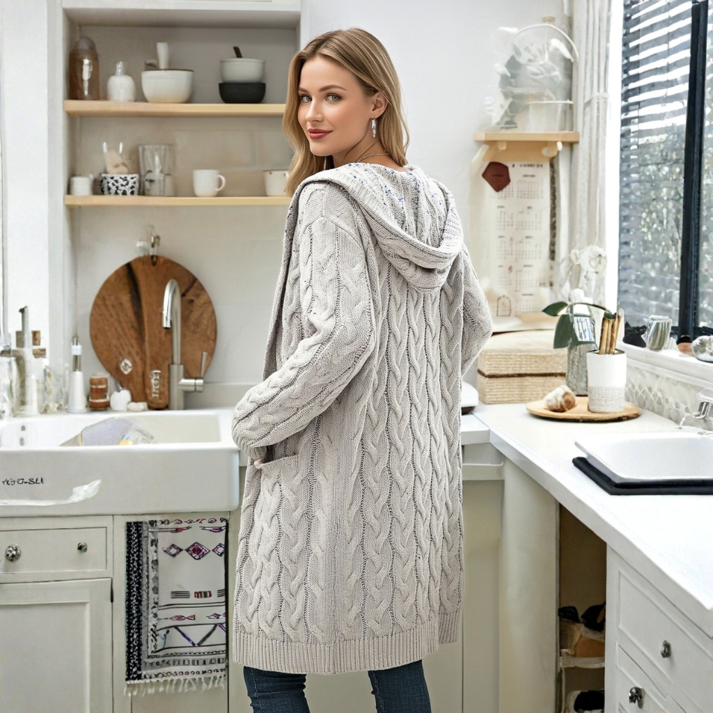 Long Knit Cardigan With Open Front And Pocket Design For Women - Image 8