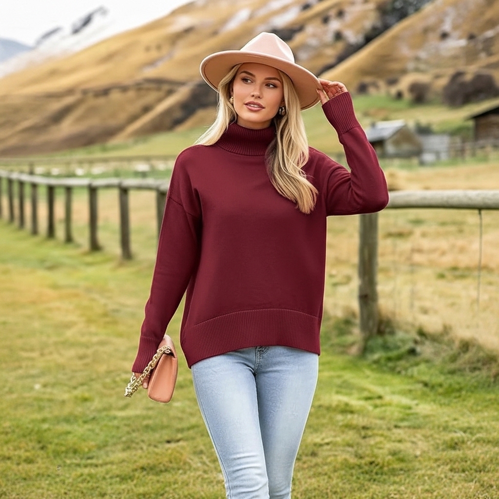 Oversized Chunky Knitted Sweater For Women With High Hem - Image 13