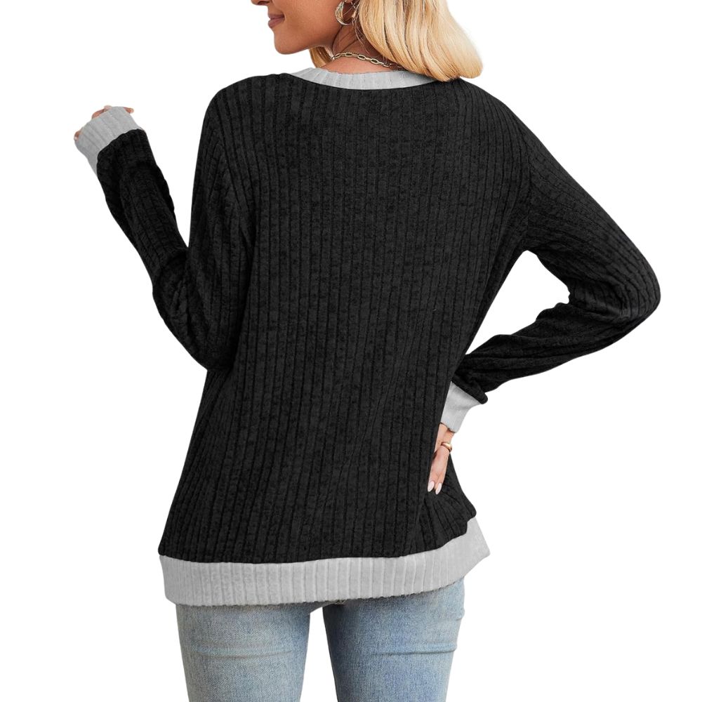 Long Sleeve Knit Sweater Top With Color Block Design And Loose Fit For Women - Image 3