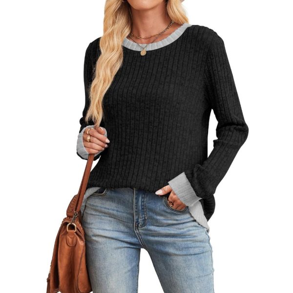 Long Sleeve Knit Sweater Top With Color Block Design And Loose Fit For Women