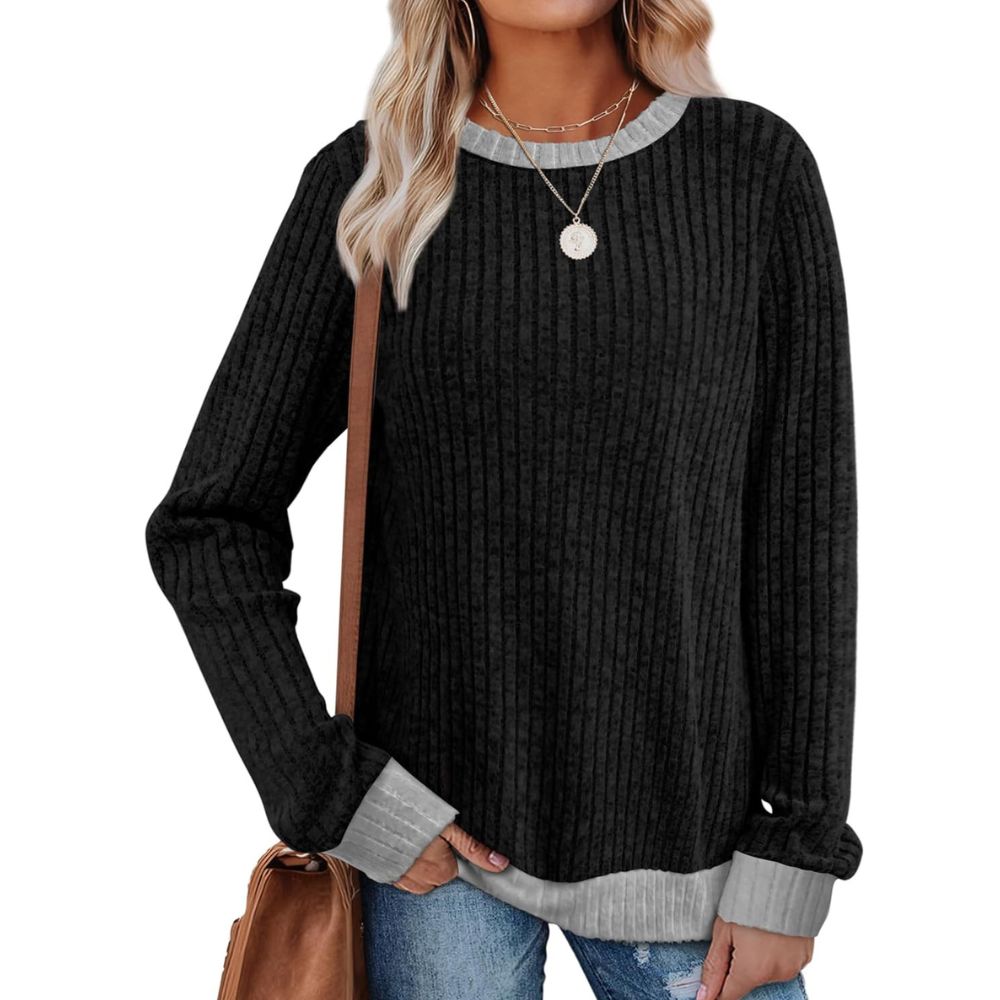 Long Sleeve Knit Sweater Top With Color Block Design And Loose Fit For Women - Image 2