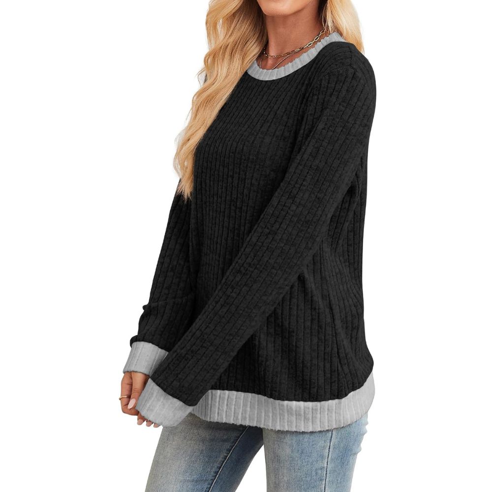 Long Sleeve Knit Sweater Top With Color Block Design And Loose Fit For Women - Image 4