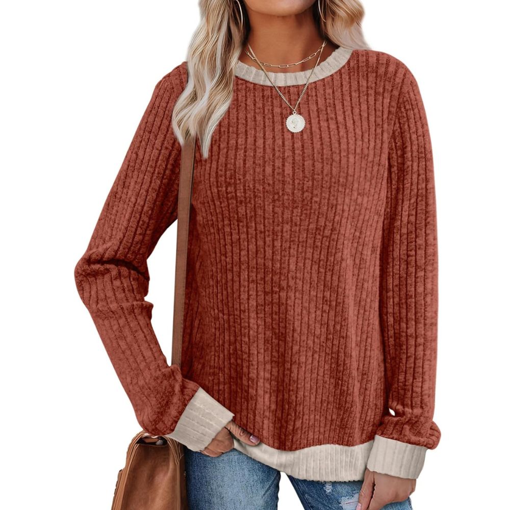Long Sleeve Knit Sweater Top With Color Block Design And Loose Fit For Women - Image 13