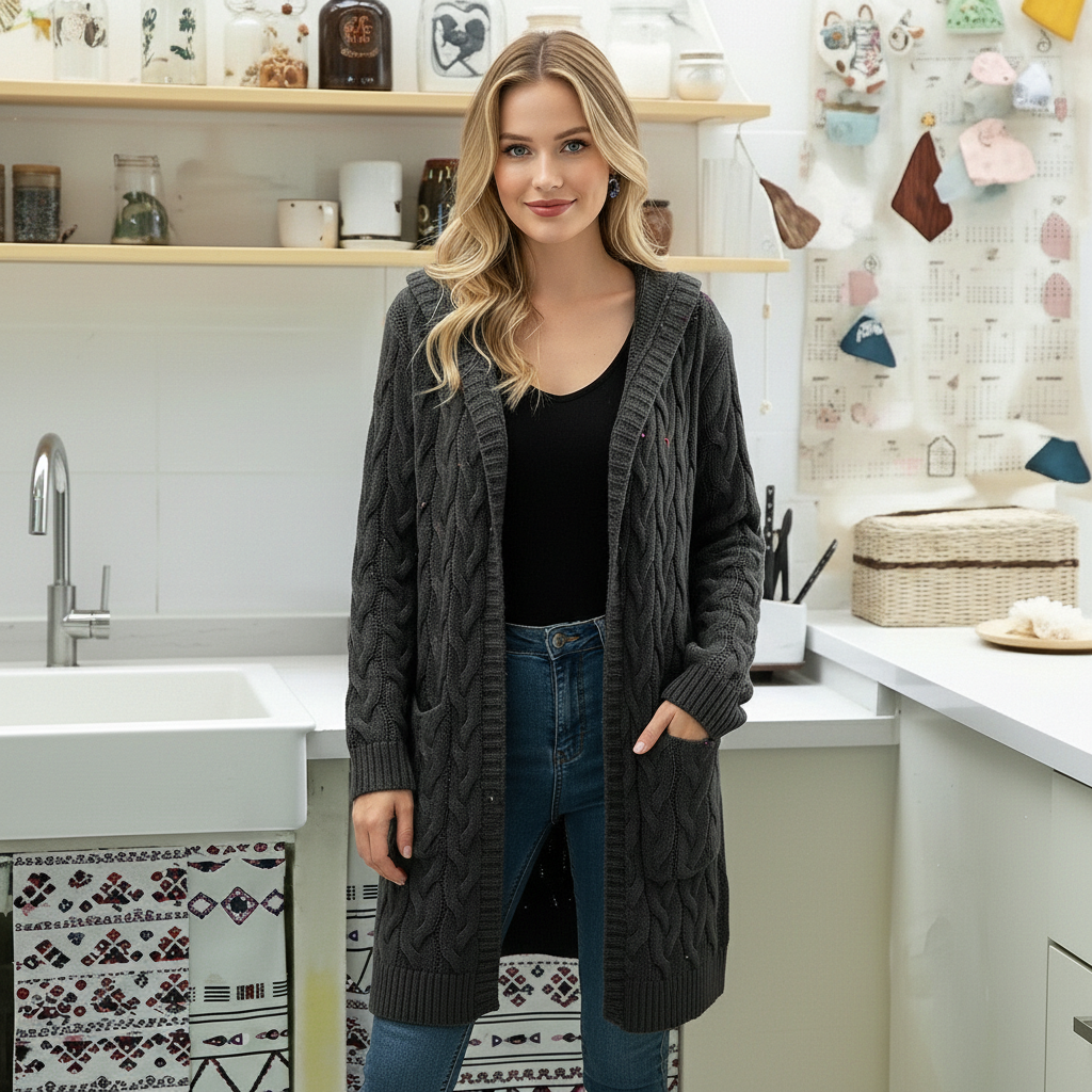 Long Knit Cardigan With Open Front And Pocket Design For Women - Image 16