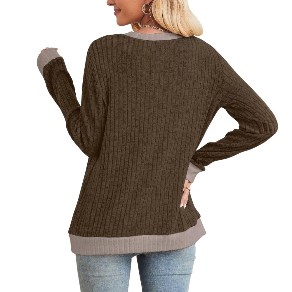 Long Sleeve Knit Sweater Top With Color Block Design And Loose Fit For Women - Image 8