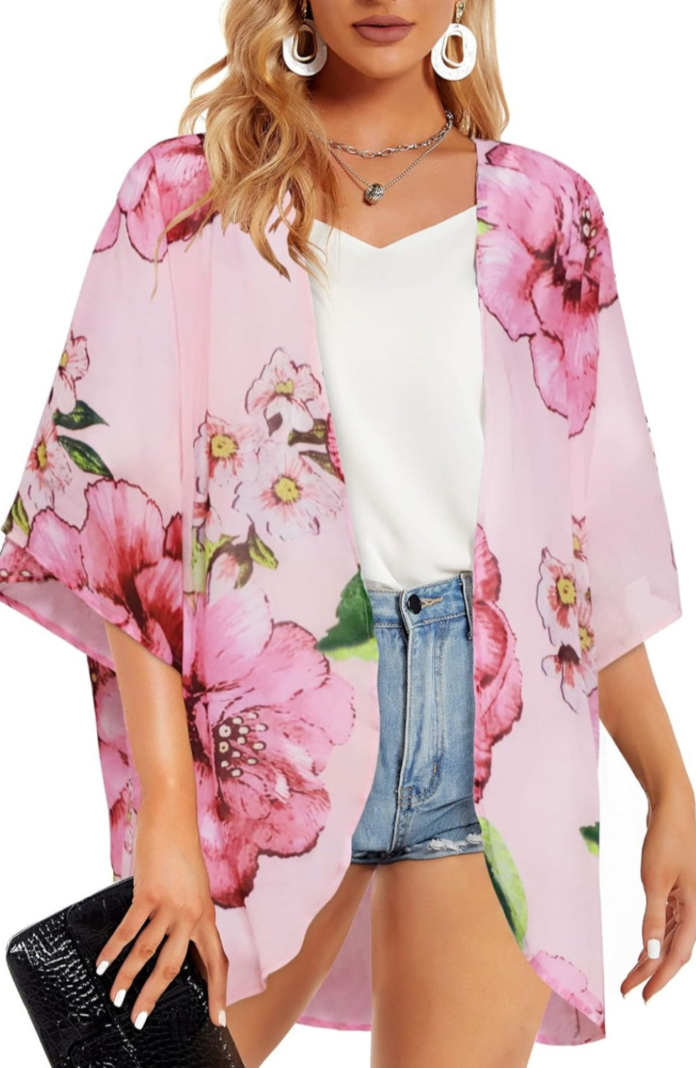 Floral Chiffon Puff Sleeve Kimono Cardigan - Image 7