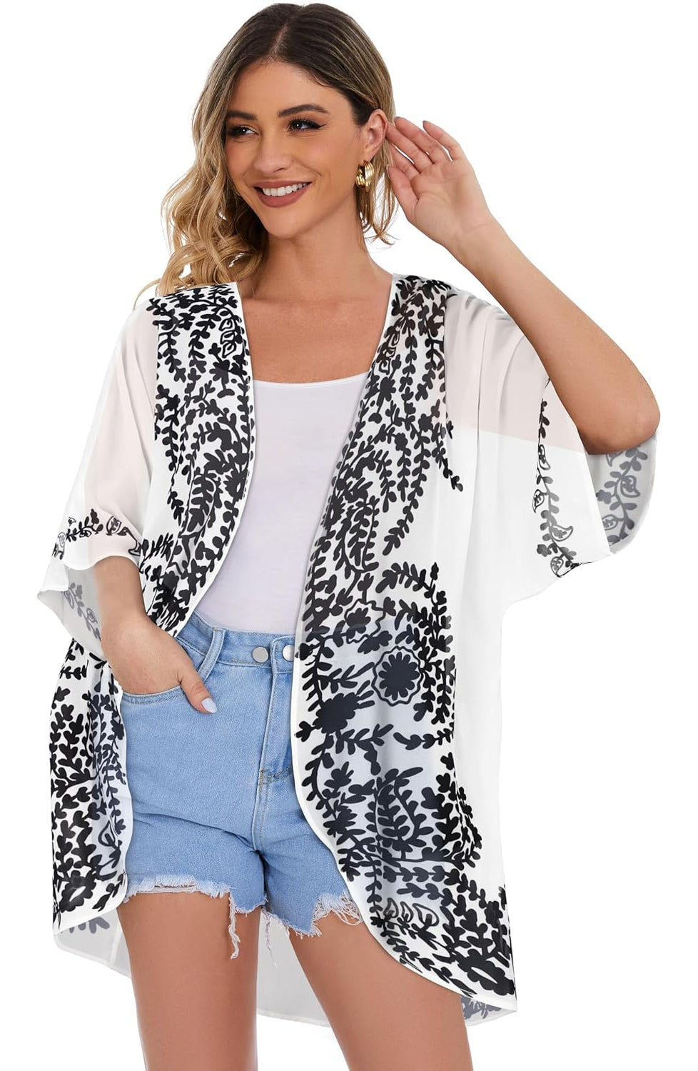 Floral Chiffon Puff Sleeve Kimono Cardigan - Image 10