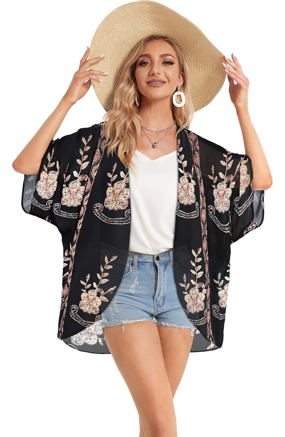 Floral Chiffon Puff Sleeve Kimono Cardigan - Image 14