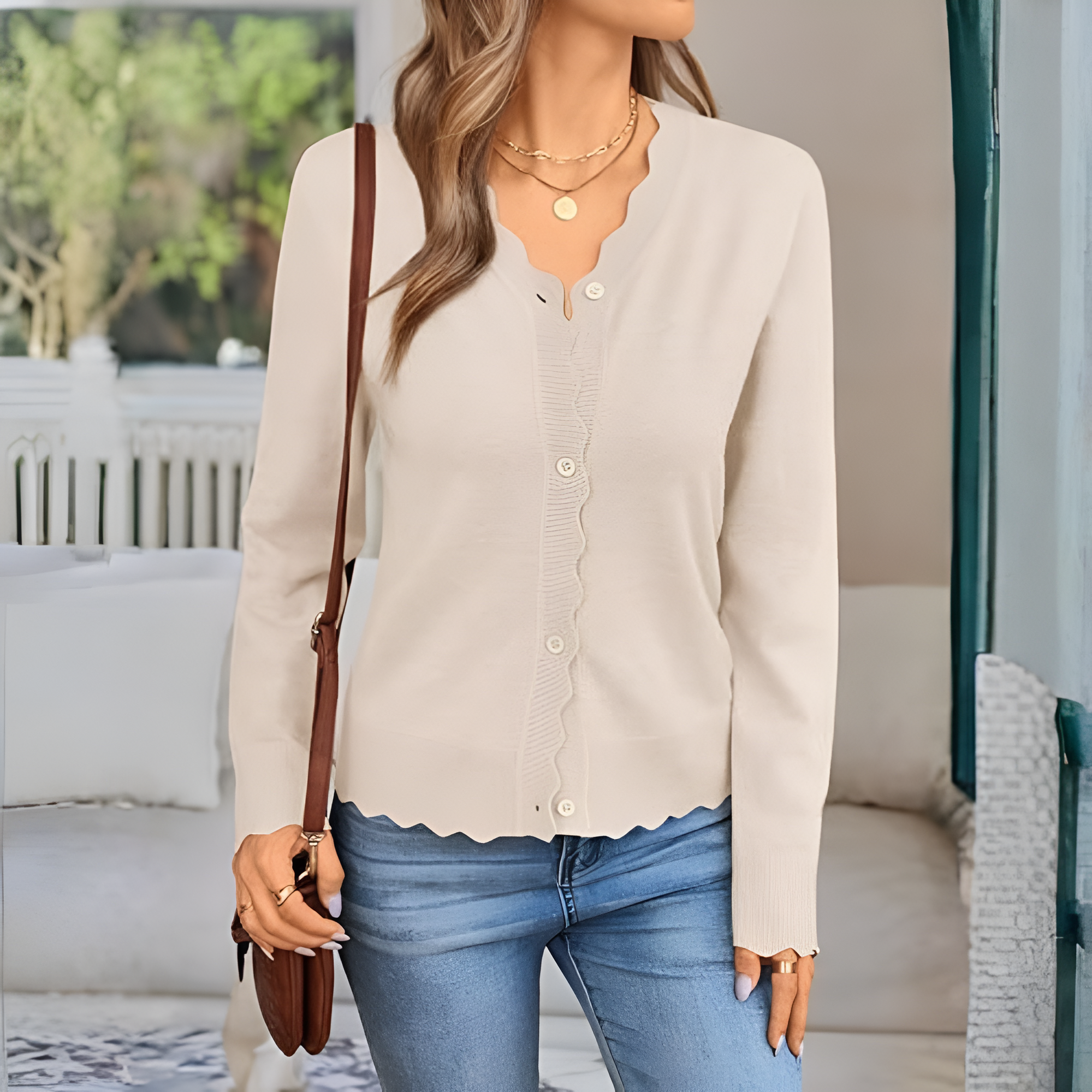 Lightweight Button Down Knit Cardigan With Scallop Trim - Image 5