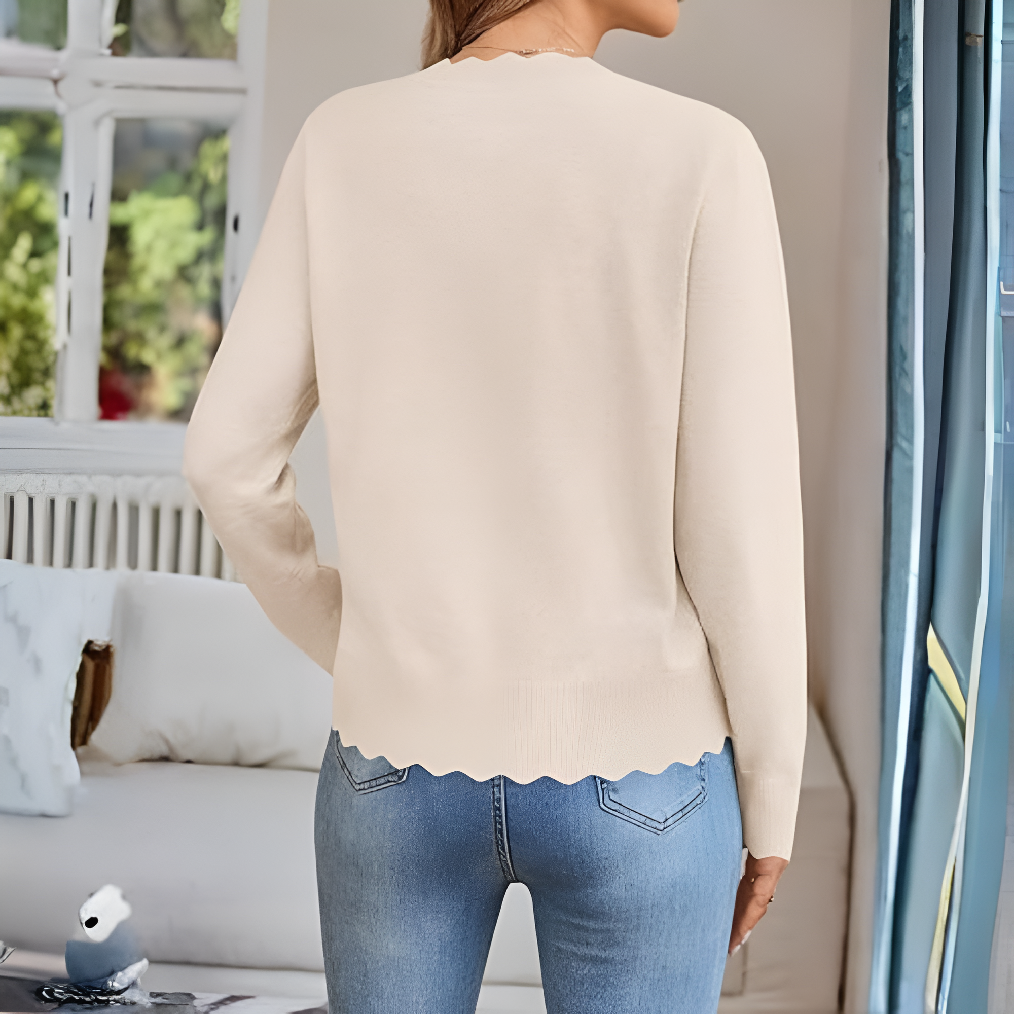 Lightweight Button Down Knit Cardigan With Scallop Trim - Image 4