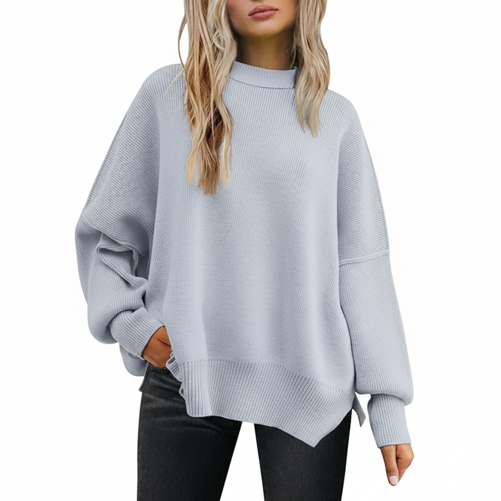 Oversized Batwing Knit Side Slit Pullover Sweater For Women - Image 9