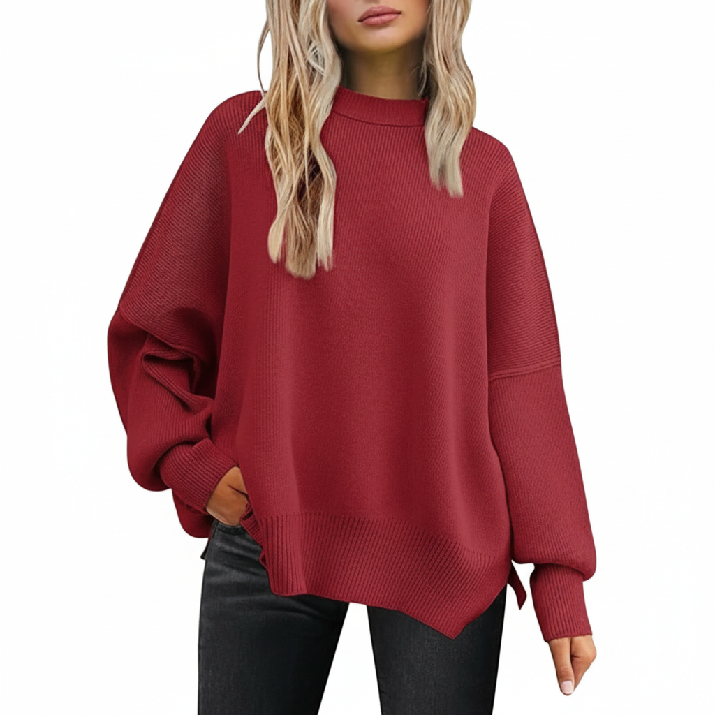 Oversized Batwing Knit Side Slit Pullover Sweater For Women - Image 13