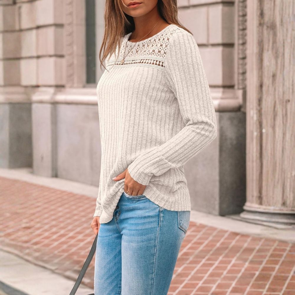 Long Sleeve Knit Tunic Top With Lace Detail For Women - Image 3