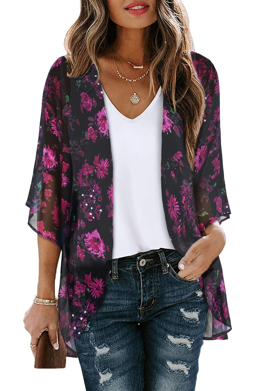Women Floral Puff Sleeve Kimono Cardigan - Image 9