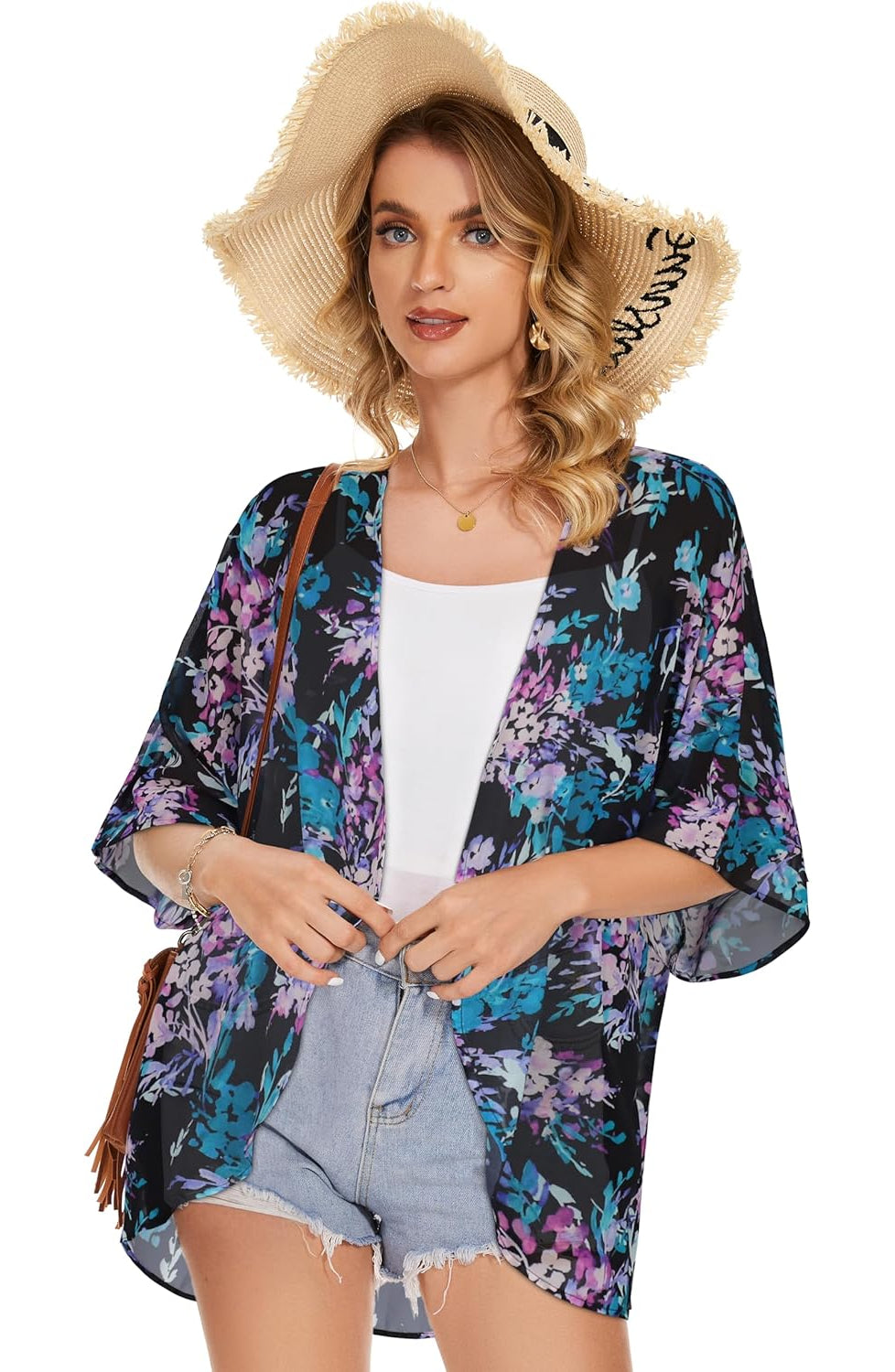 Women Floral Puff Sleeve Kimono Cardigan - Image 10