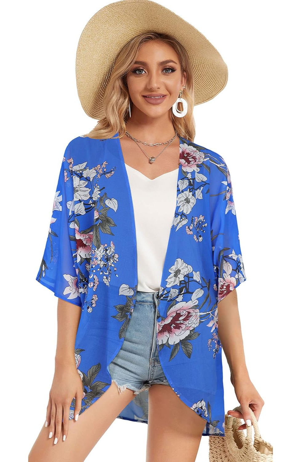 Women Floral Puff Sleeve Kimono Cardigan - Image 4