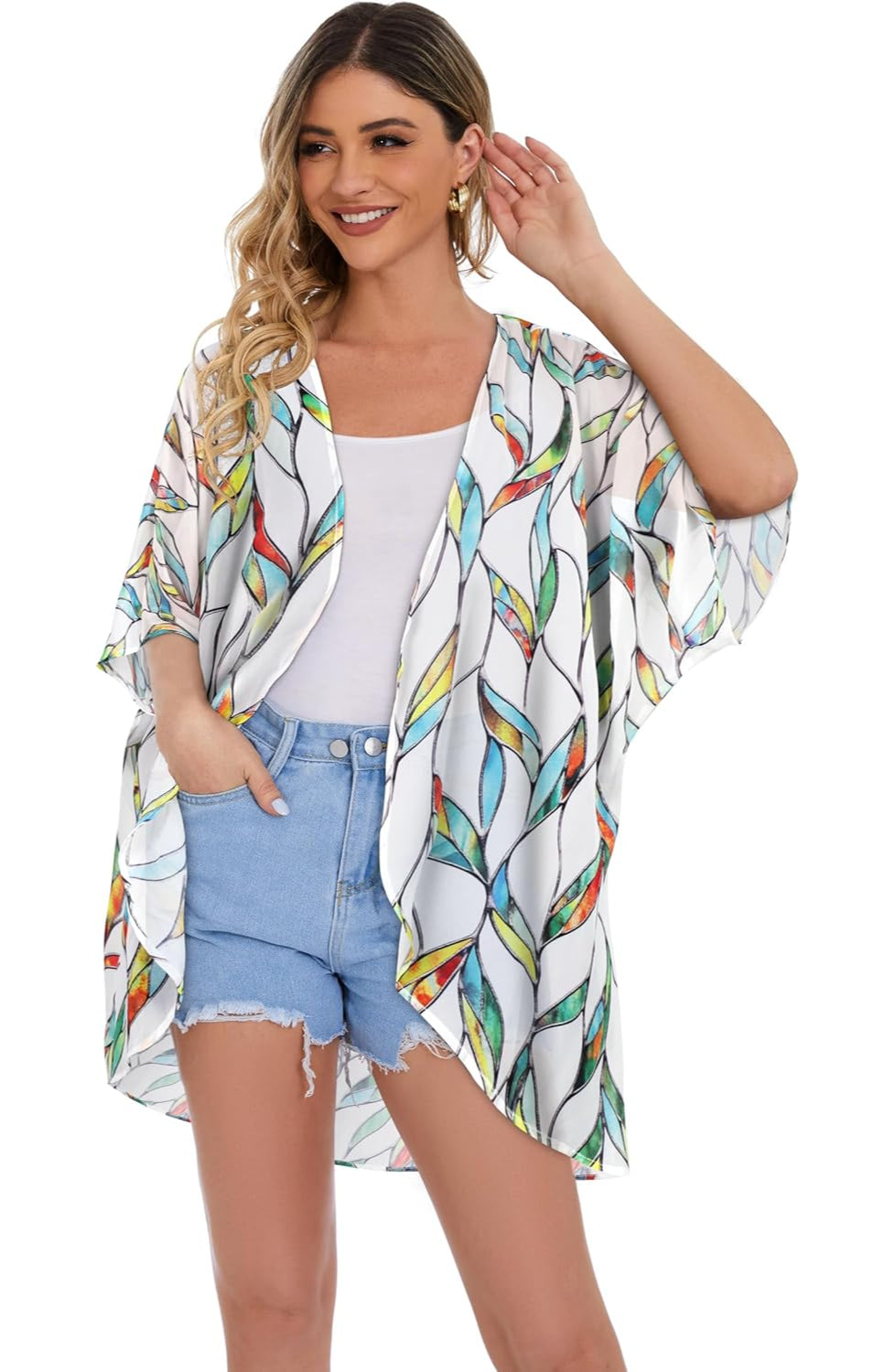 Women Floral Puff Sleeve Kimono Cardigan - Image 5