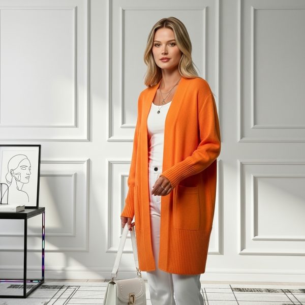 Long Length Cardigan With Long Sleeves And Open Front For Women