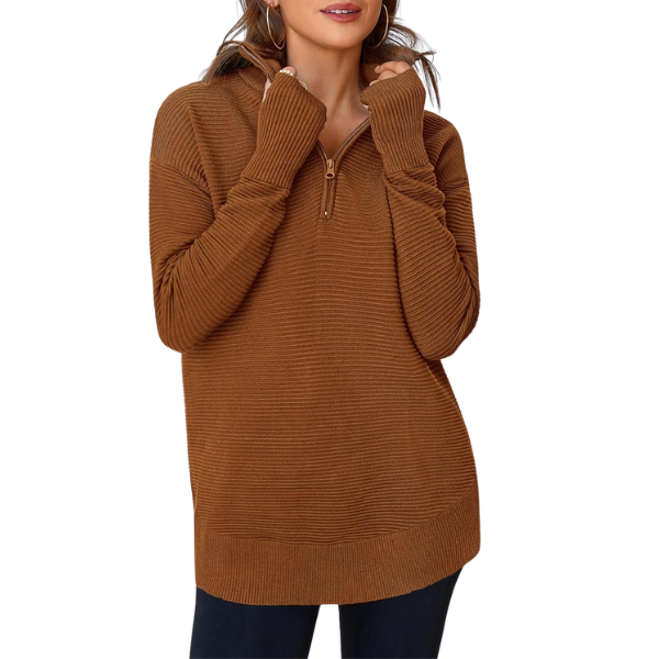 Casual Long Sleeve Quarter Knit Zip Up Sweater Top For Women - Image 20