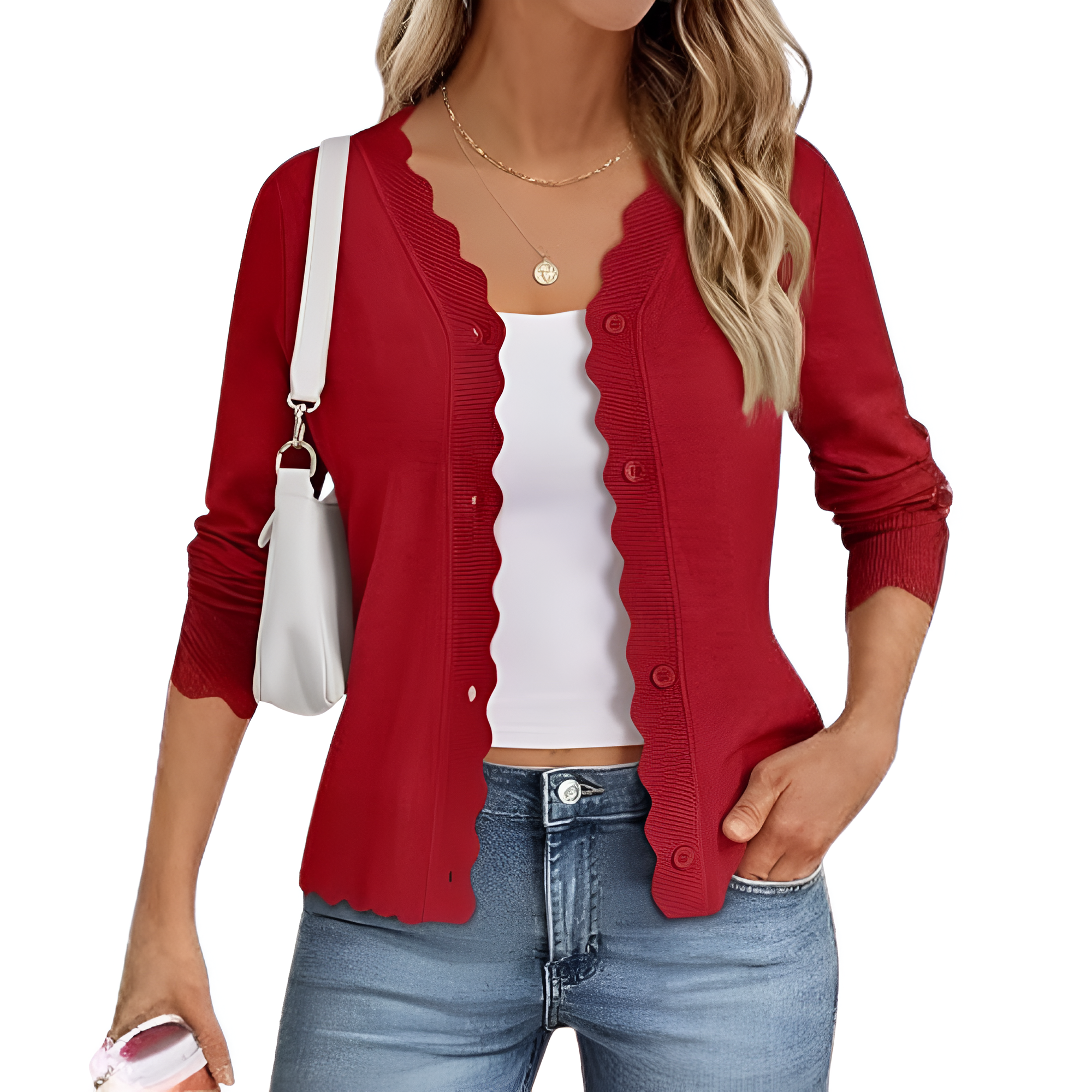 Lightweight Button Down Knit Cardigan With Scallop Trim - Image 6