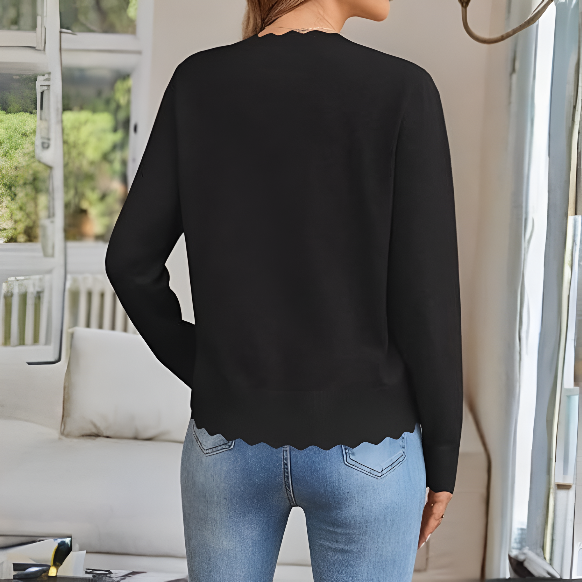 Lightweight Button Down Knit Cardigan With Scallop Trim - Image 15