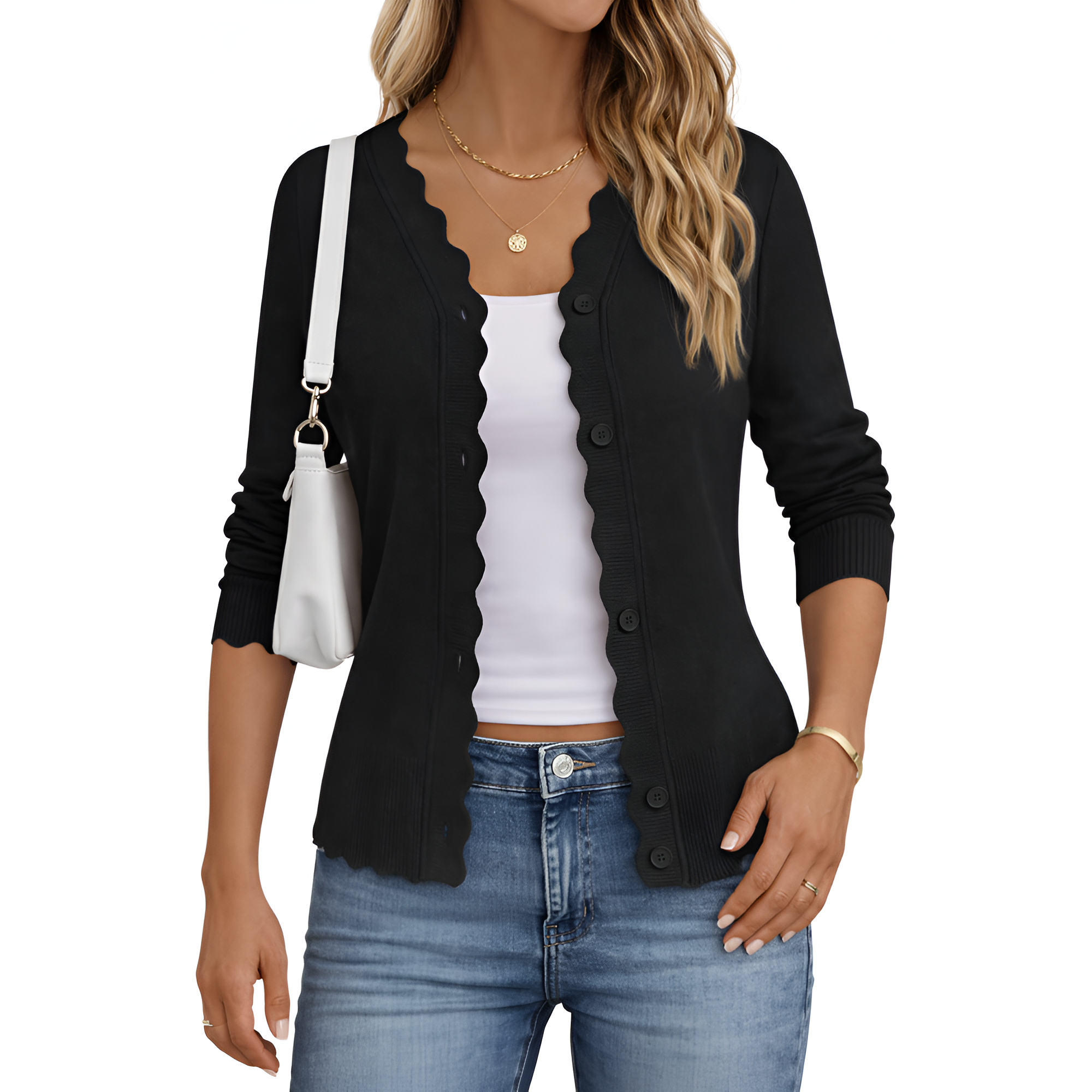 Lightweight Button Down Knit Cardigan With Scallop Trim - Image 14