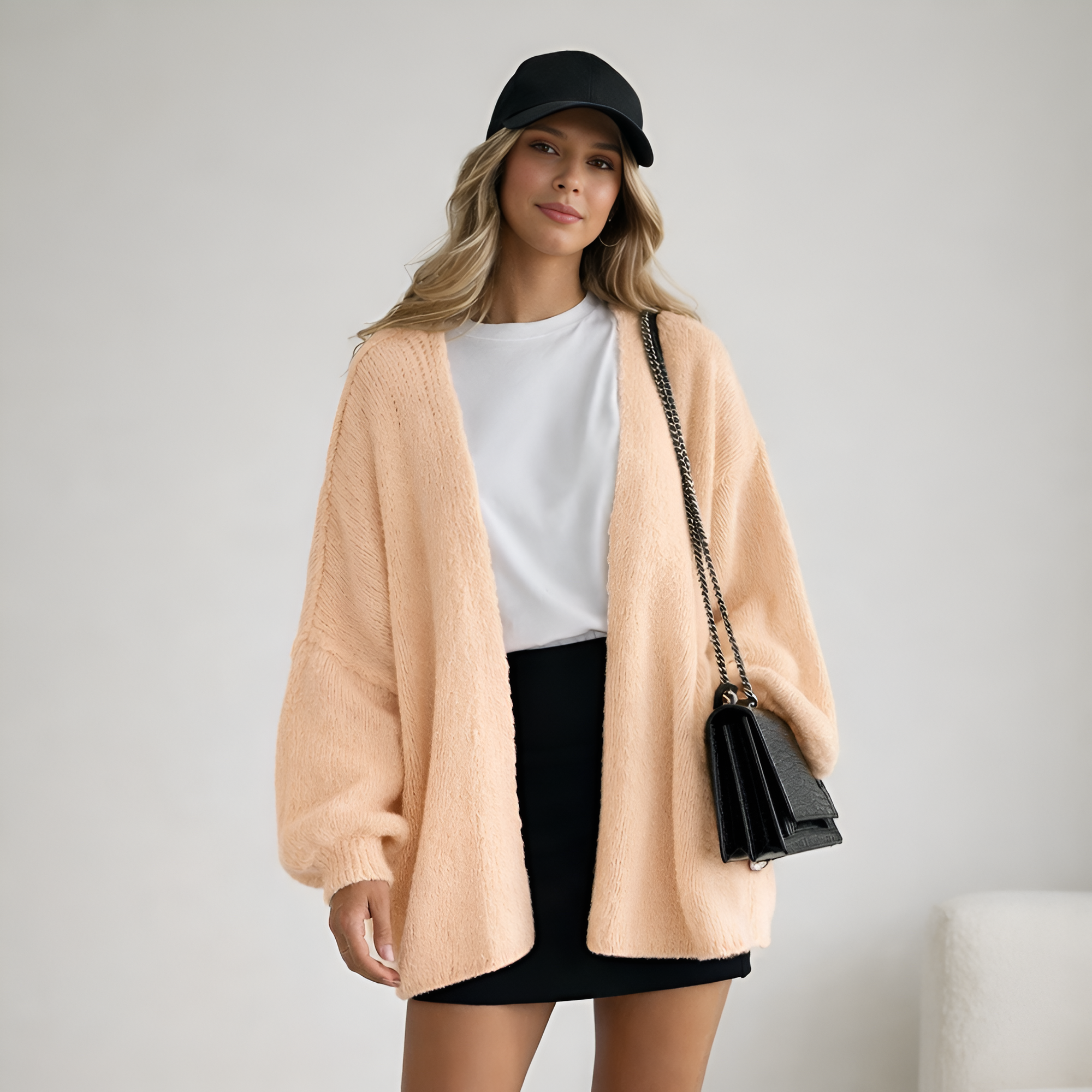 Oversized Open Front Lantern Sleeve Cardigan - Image 4